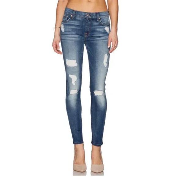 7 For All Mankind The Relaxed Skinny Torn Distressed Blue Denim Y2K Jeans 25 - Picture 1 of 13